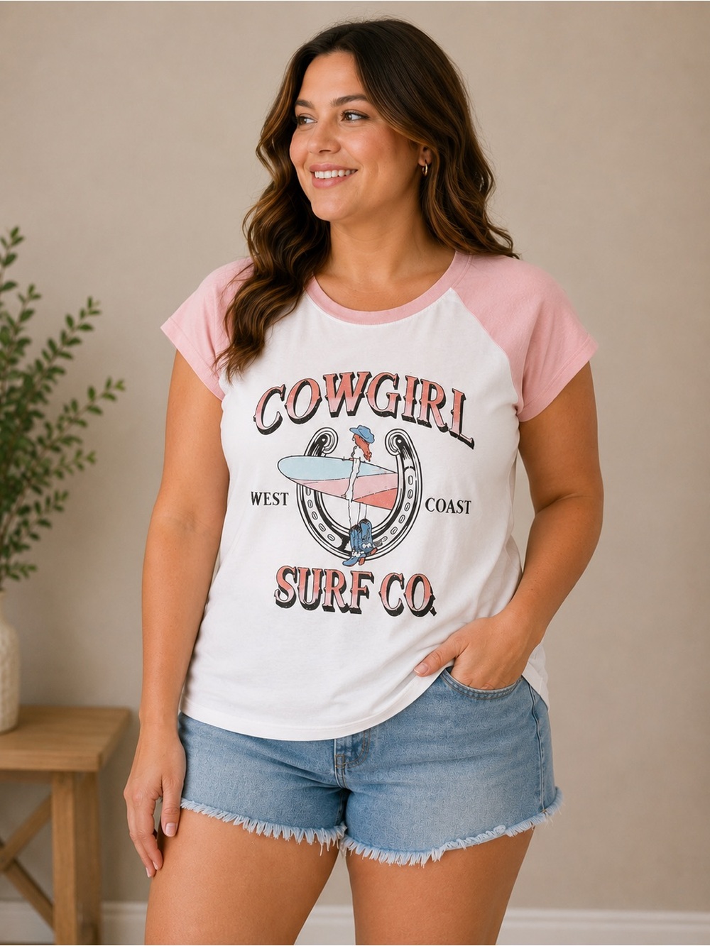 Freeze Pink and White Cowgirl Surf‎ Co. Short Sleeve Tee Size M